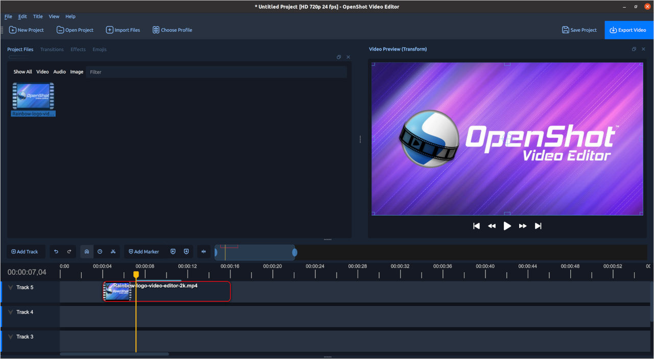 OpenShot workspace with project files, video preview, and a multitrack timeline